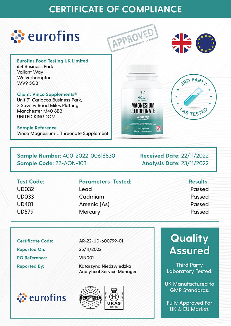 [Australia] - Vinco Magnesium L-Threonate Supplement - 120 High Strength Magnesium L Threonate Capsules - 2000mg Bioavailable Form of Magnesium per Serving - Non-GMO & Gluten Free � Made in The UK 