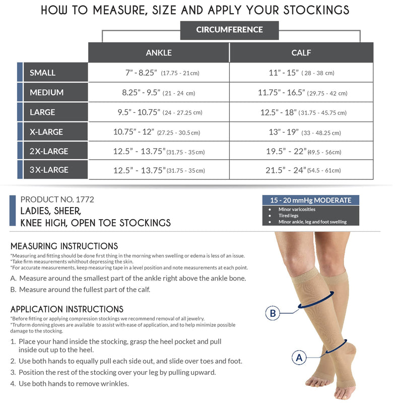 [Australia] - Truform Sheer Compression Stockings, 15-20 mmHg, Women's Knee High Length, Open Toe, 20 Denier, Nude, Large Large (1 Pair) 