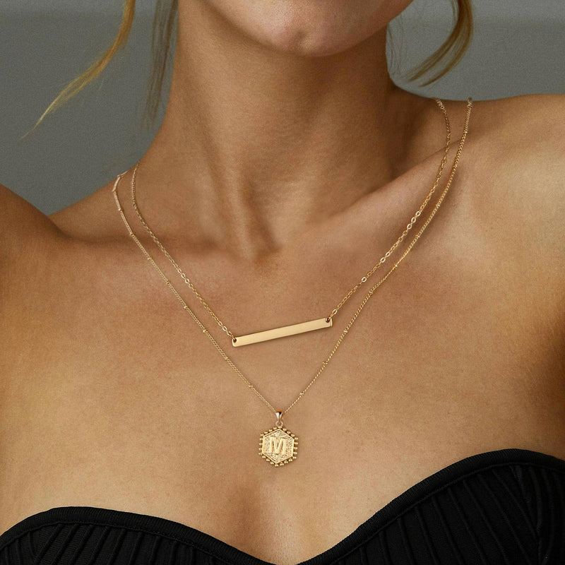 [Australia] - Gold Layered Initial Necklaces for Women, 14K Gold Plated Bar Necklace Handmade Layering Hexagon Letter Pendant Beads Chain Necklace Layered Necklaces for Women Gold Jewelry Gifts A 