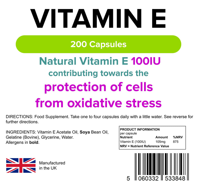 [Australia] - Lindens Vitamin E Oil 100IU - 200 Capsules - UK Made - Skin - Powerful Antioxidant | Protection of Cells from Oxidative Stress | Vitamin E Capsules | Letterbox Friendly 