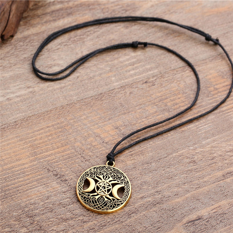 [Australia] - Ztuo Tree of Life Triple Moon Goddess Golden/Silver Necklace Celtic Knot Pentagram Pentacle Star Pendant Antique gold 