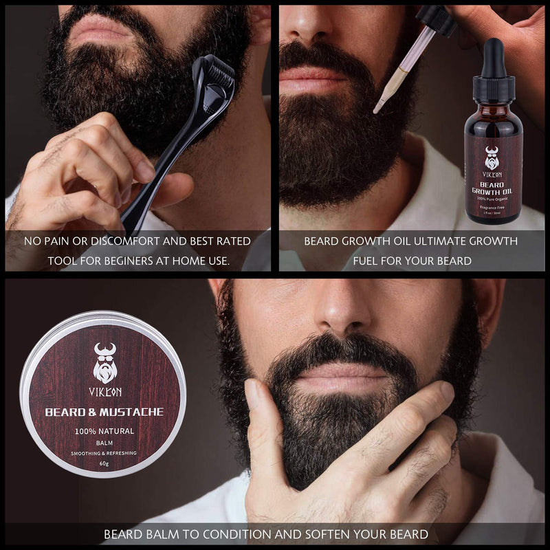 [Australia] - Beard Growth Kit, Beard Derma Roller Kit for Men, Patchy Facial Hair Growing Kit, Beard Growth Serum Oil + Beard Balm + Titanium Microneedle Roller, Let it Grow 