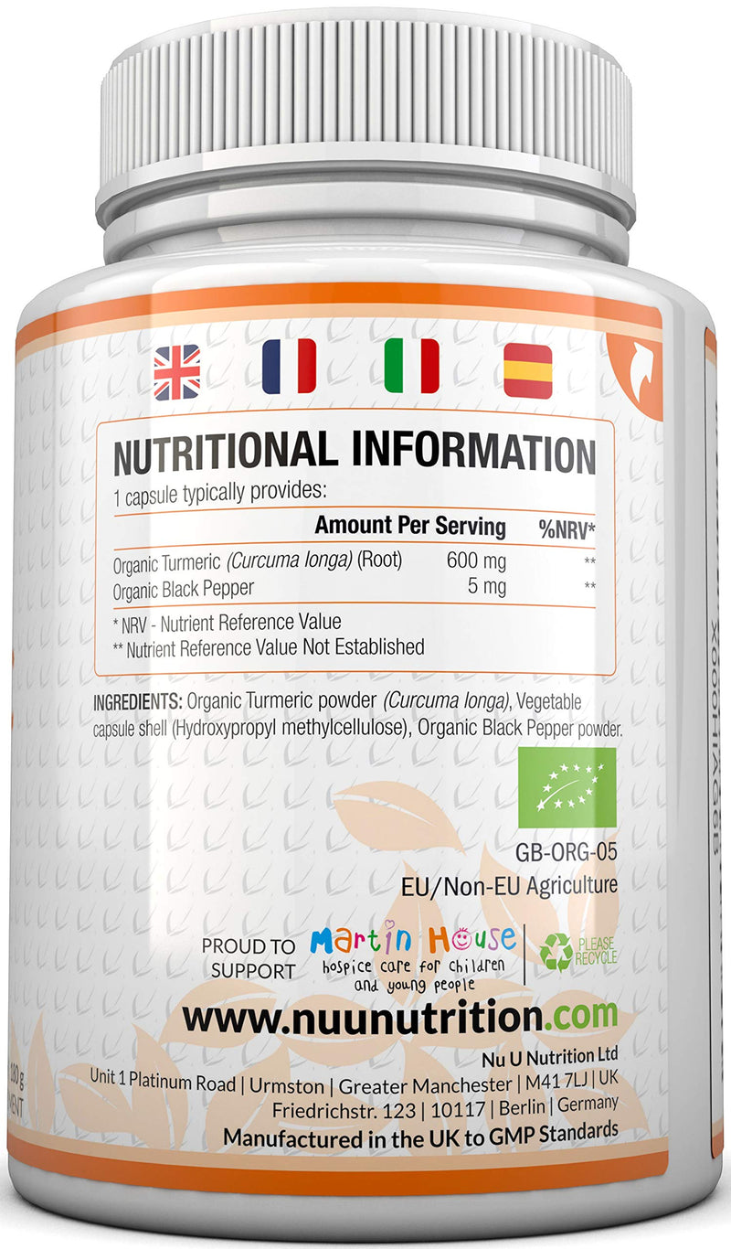 [Australia] - Turmeric Curcumin Organic High Strength 600mg, 365 Capsules with Organic Black Pepper | Suitable for Vegetarians & Vegans | Soil Association Certified, Made in The UK by Nu U Nutrition 