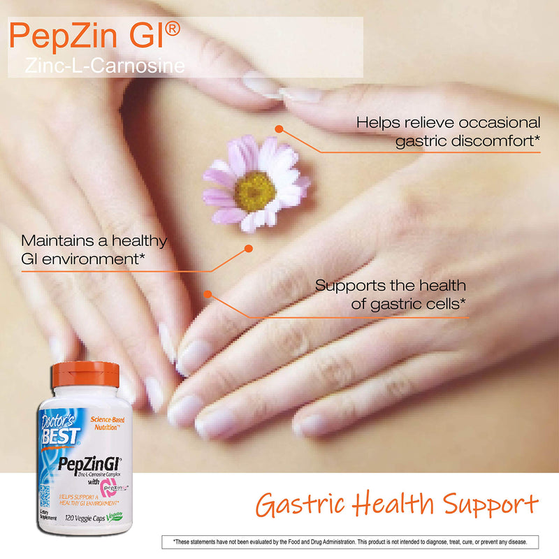 [Australia] - Doctor's Best PepZin GI, Zinc-L-Carnosine Complex, Non-GMO, Vegan, Gluten Free, Soy Free, Digestive Support, 120 Veggie Caps 120 Count (Pack of 1) 