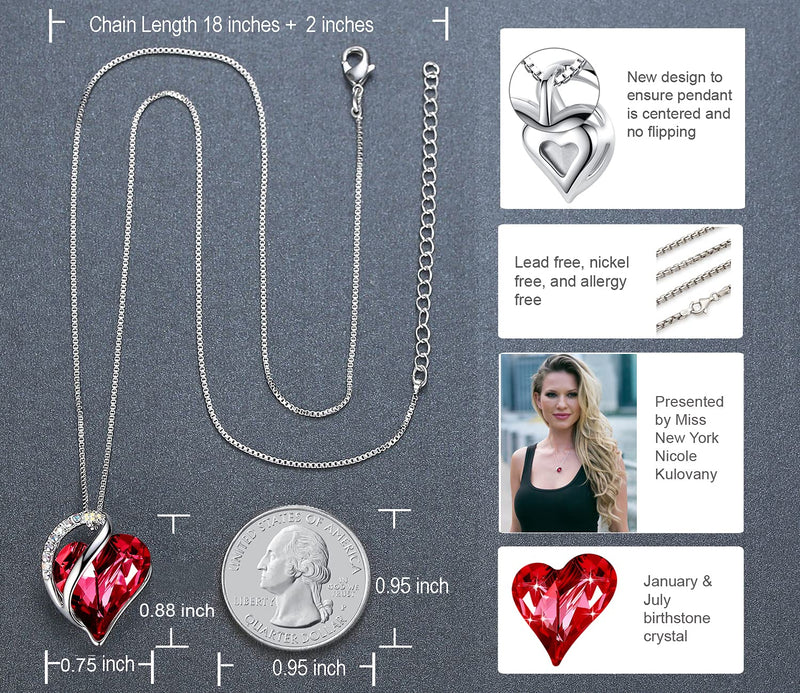 [Australia] - Leafael Infinity Love Heart Pendant Necklace with Birthstone Crystals for 12 Months, Jewelry Gifts for Women, Silver-Tone, 18"+2" 01-January & July-Siam Ruby Red 