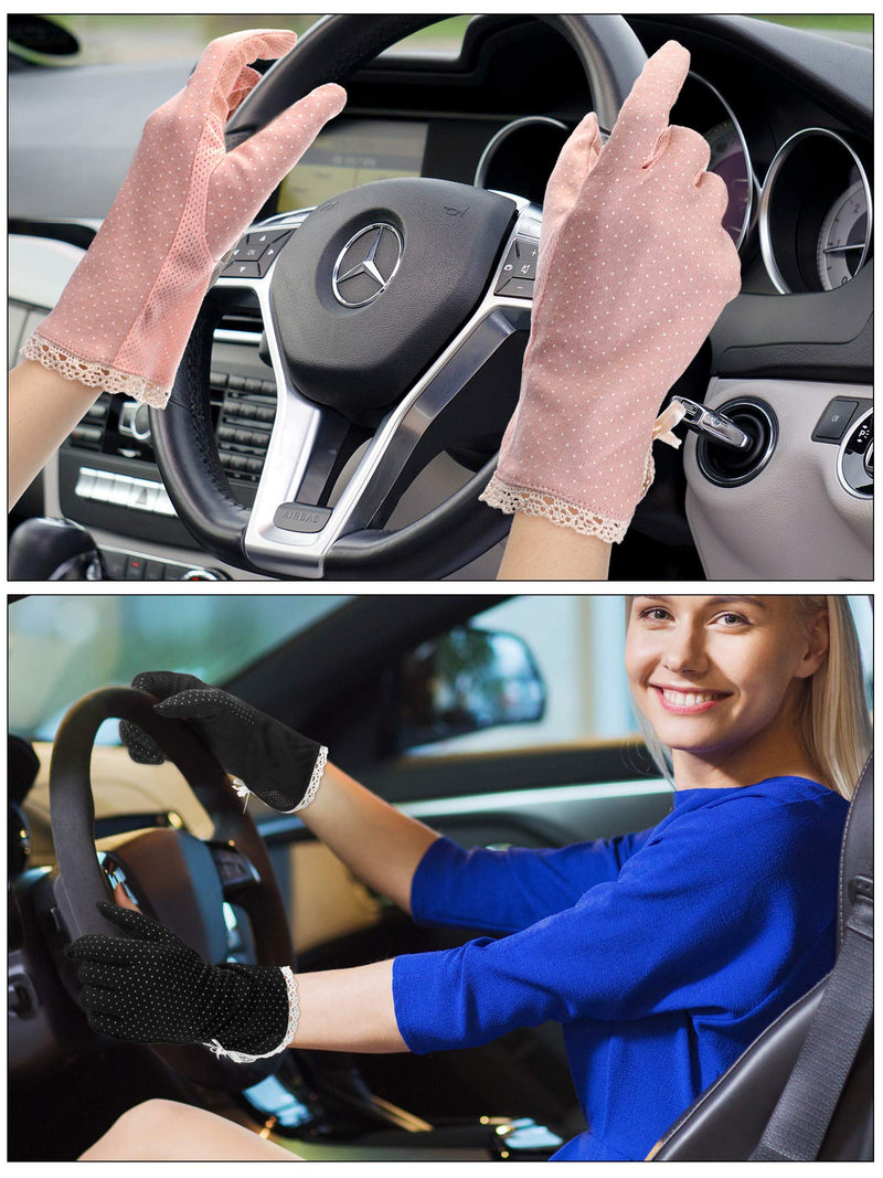 [Australia] - 4 Pairs Summer UV Protection Sunblock Gloves Non-slip Touchscreen Driving Gloves Bowknot Floral Gloves for Women Girls (Black, Grey, Khaki, Pink) 