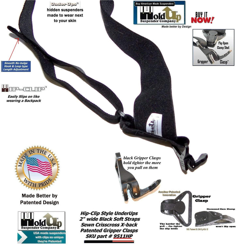 [Australia] - USA Made Holdup Brand Black 2" Hip-clip Style No-Buzz Suspenders Patented Gripper Clasps 