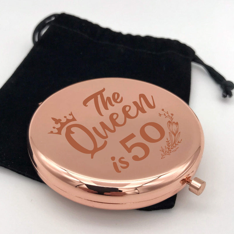 [Australia] - Warehouse No.9 The Queen 50th Birthday Gifts for Women, Double Sided Engraved Travel Compact Pocket Makeup Mirror Gift for Aunt Mother Birthday Anniversary 