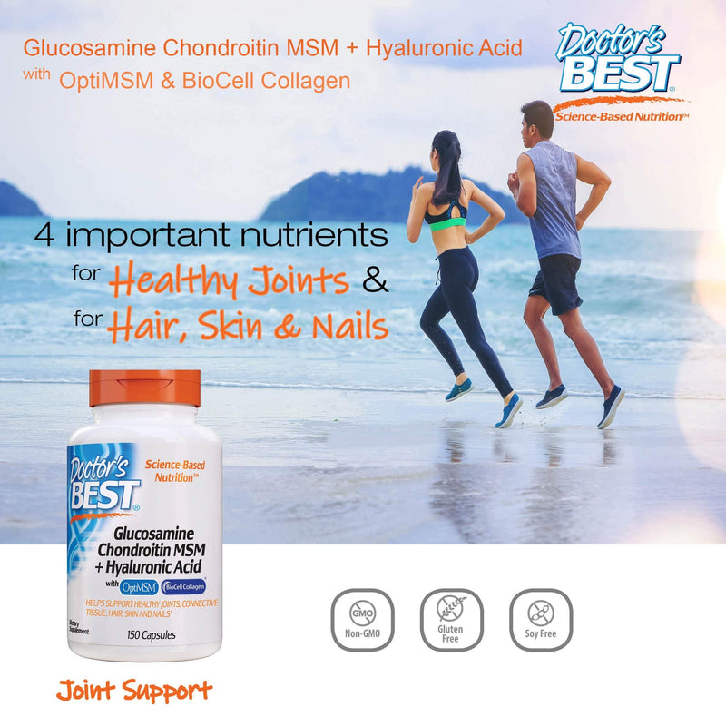 [Australia] - Doctor's Best Glucosamine Chondroitin MSM + Hyaluronic Acid with OptiMSM Featuring Biocell Collagen, Joint Support, Non-GMO, Gluten Free, Soy Free, 150 Caps 