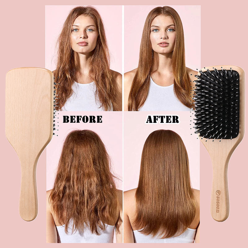 [Australia] - Hair Brush, Sosoon Boar Bristle Paddle Hairbrush for Long Thick Curly Wavy Dry or Damaged Hair, Reducing Hair Breakage and Frizzy No More Tangle, Giftbox & Hair Comb Included 1 Count (Pack of 1) 