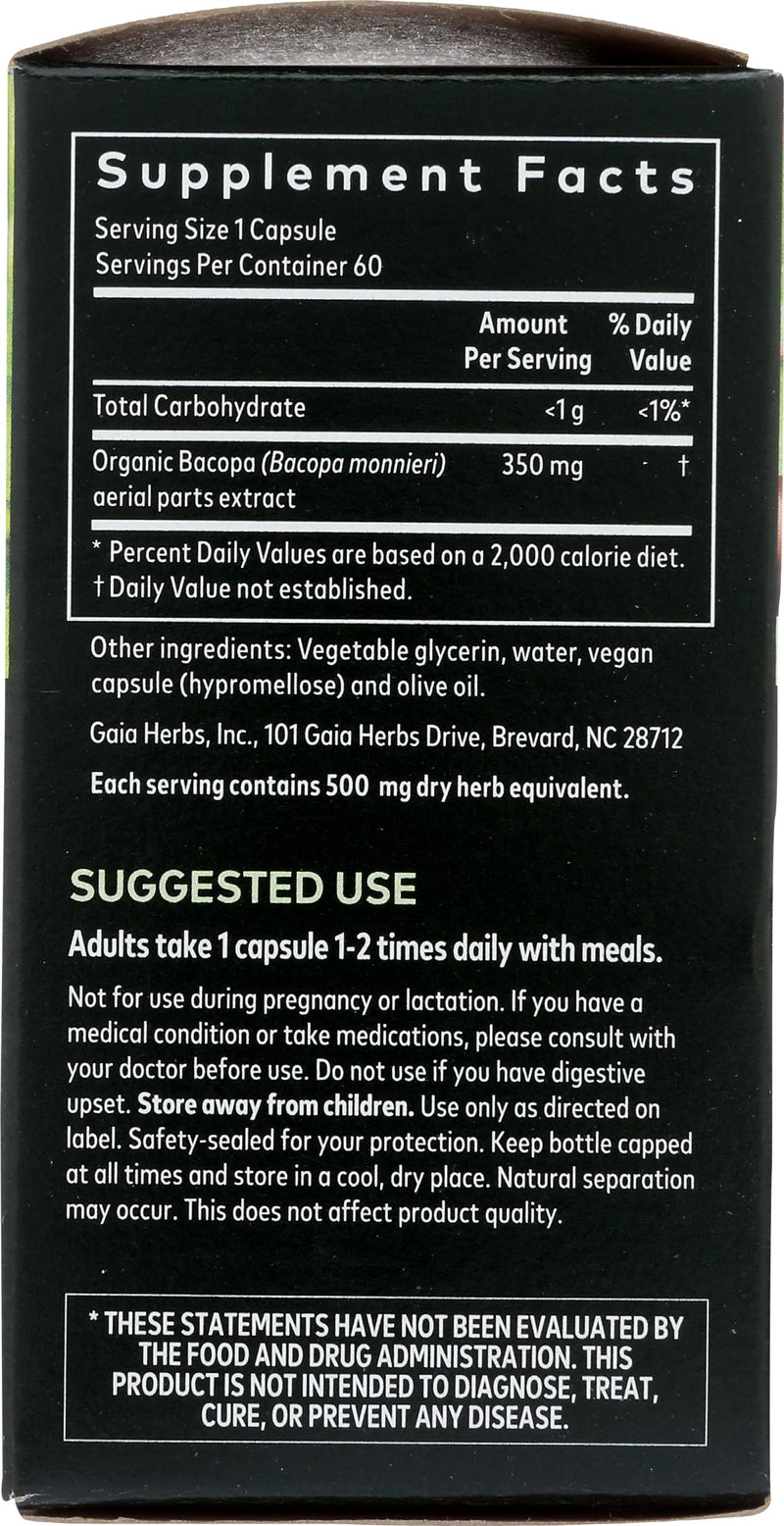 [Australia] - Gaia Herbs Bacopa - Brain and Cognitive Support Herbal Supplement - Made with Bacopa (Bacopa Monnieri) to Help Support a Thriving Mind - 60 Vegan Liquid Phyto-Capsules (Up to 60-Day Supply) 