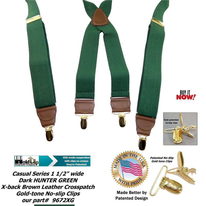 [Australia] - Holdup Suspender Company's Dark Hunter Green Men's Clip-On Suspenders with X-Back Style and Gold No-slip Clips 