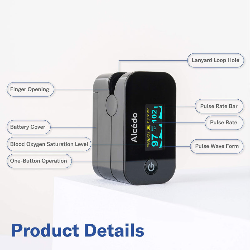 [Australia] - Alcedo Pulse Oximeter Fingertip Blood Oxygen Saturation Level (SpO2) and Heart Rate Monitor | Dual Color OLED Display | Portable Carry Case, Lanyard, Batteries 