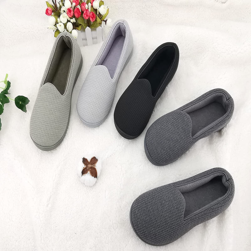 [Australia] - ofoot Womens Memory Foam Knit Cotton Waffle House Slippers with Back Indoor Slip On Shoes Lightweight Washable Terry Cloth Lining Non Slip Rubber Soles 5.5/6 UK Black 