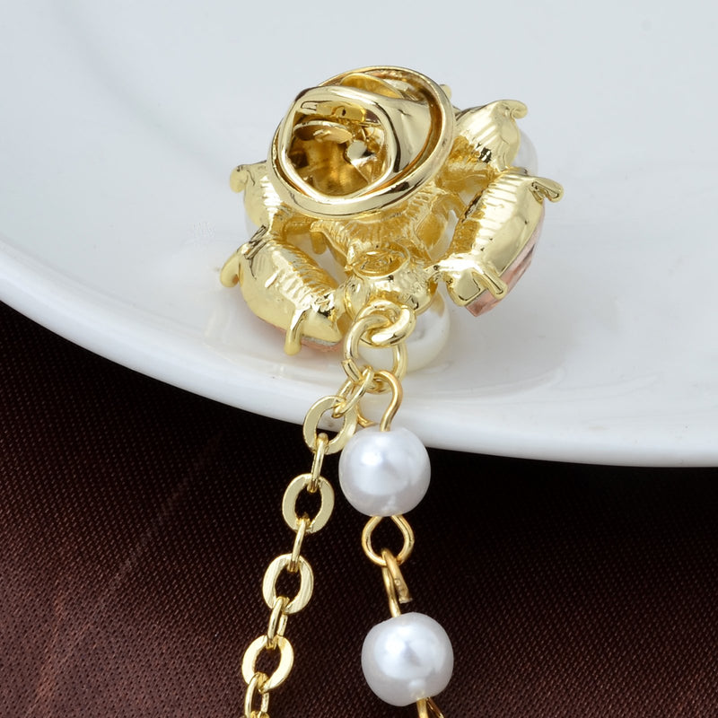 [Australia] - OBONNIE Champagne Tone Crystal Pearl Daisy Flower Brooches Pins with Pearl Chain Tassel Sweater Guard Clip Pin 