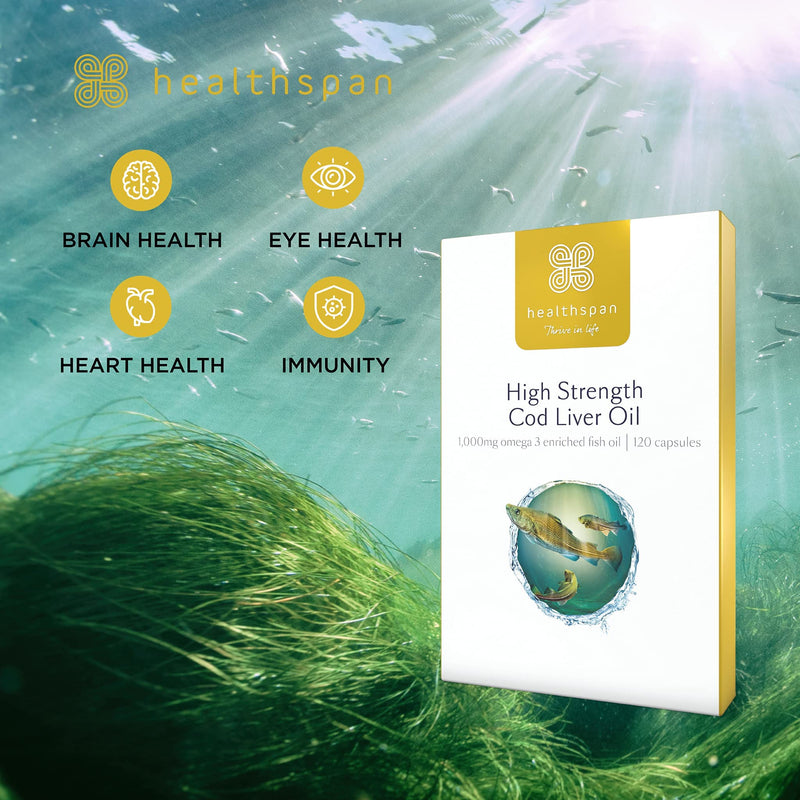 [Australia] - Healthspan Cod Liver Oil 1,000mg (120 Capsules) | Rich in Omega 3 Fatty Acids DHA & EPA | Brain, Eyes & Heart Health | Vitamin A & D3 | Vision, Bones, Teeth & Immune | Sustainably Sourced 120 Count (Pack of 1) 