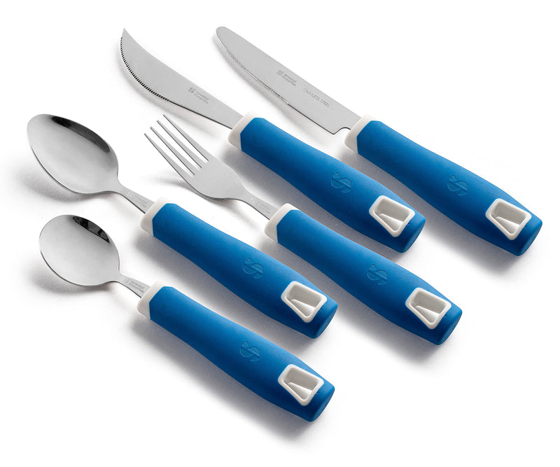 [Australia] - Special Supplies Adaptive Utensils 5-Piece Set Non-Weighted, Non-Slip Handles for Hand Tremors, Arthritis, Parkinson’s or Elderly Use - Stainless Steel Knife, Rocker Knife, Fork, Spoons - Blue 