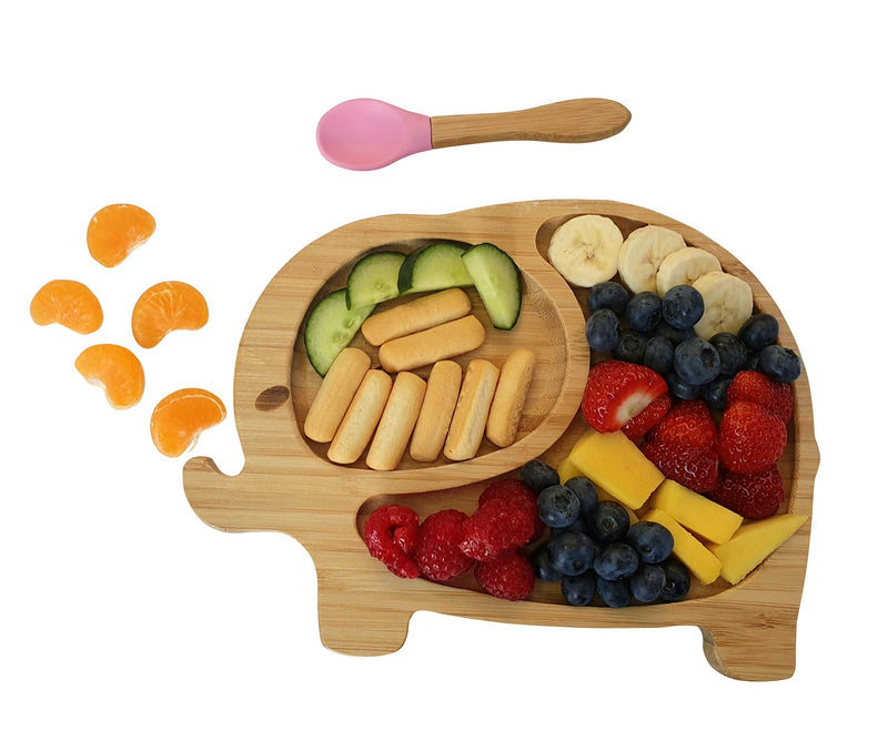 [Australia] - Personalised Elephant Baby Plate Bamboo, Bamboo Plates with Suction, Stay Put Plate, Baby Toddler Weaning Section Plate Spoon Set Green 