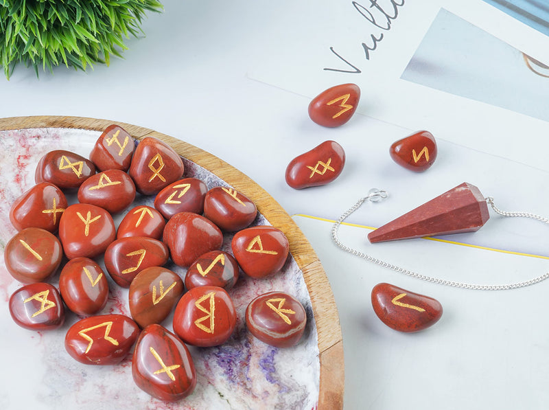 [Australia] - Crocon Red jasper tumbled Gemstone Engraved Rune Stones Set (25 Pcs) with Elder Futhark Alphabets & 1 Pendulum Meditation healing set Size: 15-20 mm 