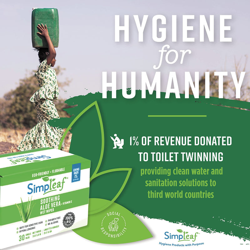 [Australia] - Simpleaf Flushable Single Pack Wet Wipes | Eco- Friendly, Paraben & Alcohol Free | Hypoallergenic & Safe for Sensitive Skin | Aloe Vera | Travel Size | 30 Count 30 Count (Pack of 1) 