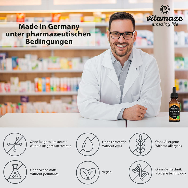 [Australia] - Vitamin A Drops 5000 IU High Strength per Daily Dose, Retinol Liquid & Vegan, 50 ml (1700 Drops), Natural Food Supplement Without Additives, High Bioavailability 