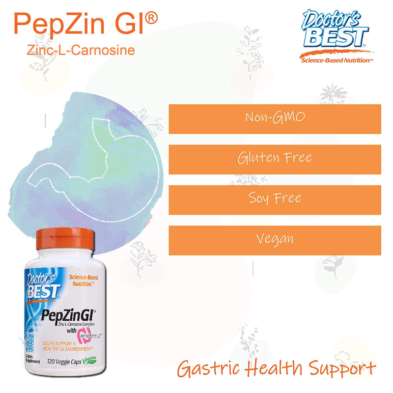 [Australia] - Doctor's Best PepZin GI, Zinc-L-Carnosine Complex, Non-GMO, Vegan, Gluten Free, Soy Free, Digestive Support, 120 Veggie Caps 120 Count (Pack of 1) 