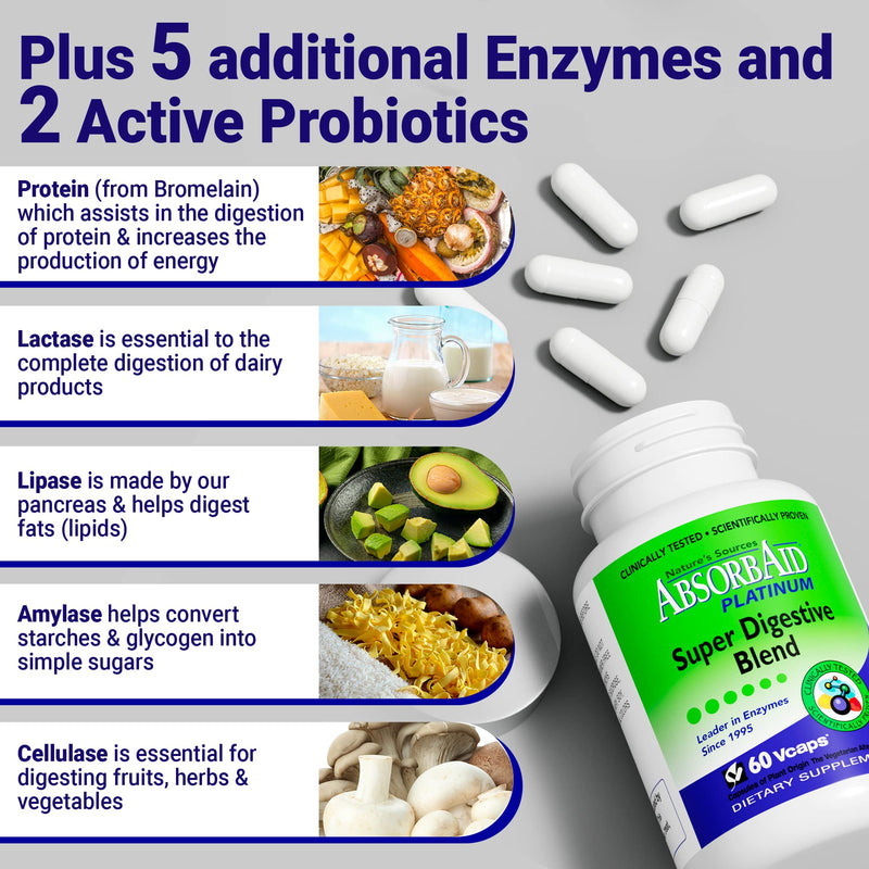 [Australia] - AbsorbAid Platinum Digestive Enzyme Support 60 vCaps, 12 Digestive Enzymes Plus 2 Probiotics for Maximum Relief! 