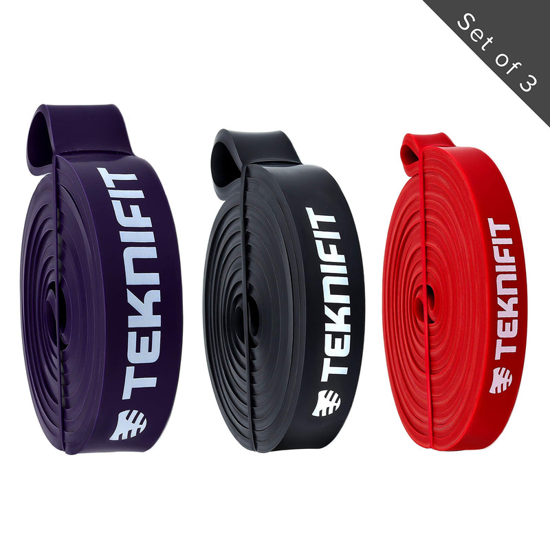 [Australia] - Teknifit Set of 3 Pull Up Resistance Bands - Full Body Workout and Home Fitness Solution - Red, Black & Purple Power Bands 