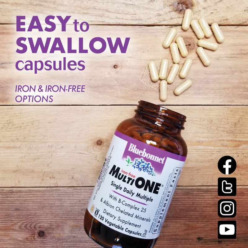 [Australia] - Bluebonnet Nutrition Multi One (Iron Free) Vegetable Capsules, Complete Full Spectrum Multiple, B Vitamins, General Health, Gluten Free, Milk Free, Kosher, 120 Count 