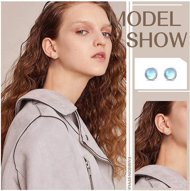 [Australia] - LOLIAS 4MM 925 Sterling Silver Stud Earrings Set for Womens Teens Solid Silver Moonstone Earrings Hypoallergenic Turquoise Black Earrings Round Gemstone Stud Gift Daughter Christmas Valentine’s Day 