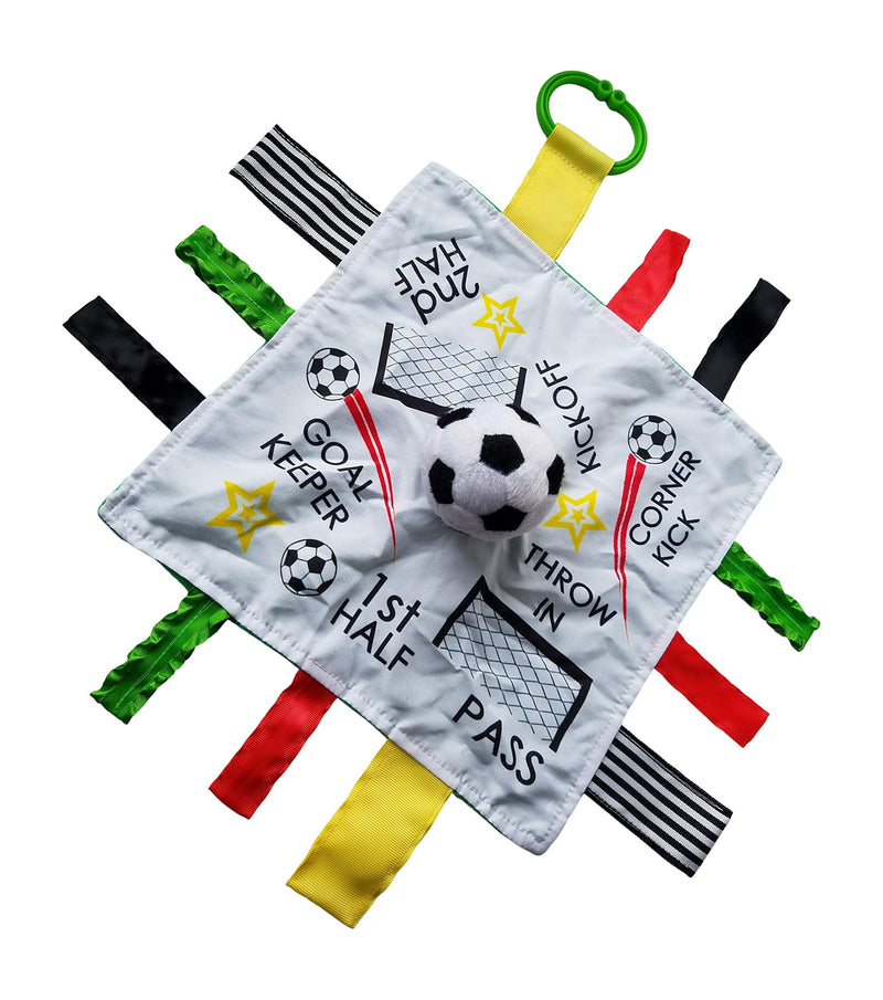 [Australia] - Baby Soccer Toy, Educational & Teething Closed Ribbon Tag Lovey Blanket with Security Plush: 10"X10" (Soccer Futbol) 