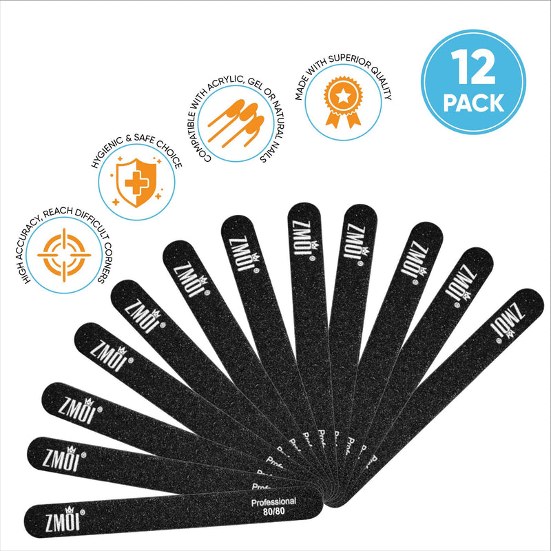 [Australia] - ZMOI Professional Nail Files, 12 PCS Washable Double Sided Emory Board 80/80 Grit for Acrylic/Gel Nails, Waterproof and Durable Design, Ergonomic and Practical, Ideal for Salon, Home Use 