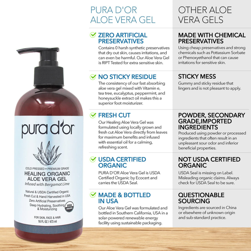 [Australia] - PURA D'OR Organic Aloe Vera Gel Bergamot Lime (16oz) All Natural - ZERO Artificial Preservatives - Deeply Hydrating & Moisturizing - Sunburn, Bug Bites, Rashes, Small Cuts, Eczema Relief - Skin & Hair 