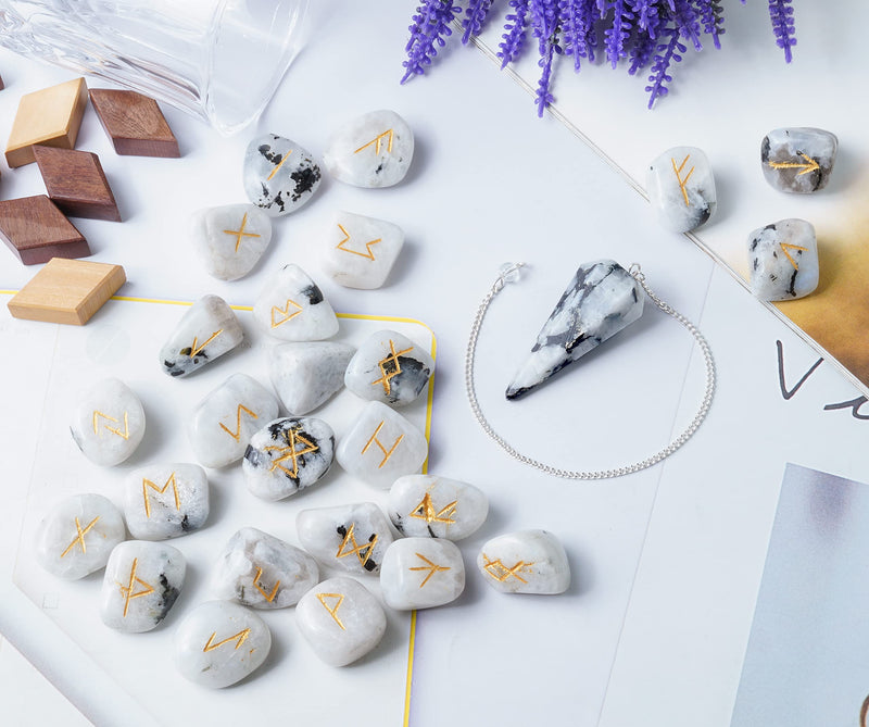 [Australia] - Crocon Rainbow moonstone tumbled Gemstone Engraved Rune Stones Set (25 Pcs) with Elder Futhark Alphabets & 1 Pendulum Meditation healing set Size: 15-20 mm 