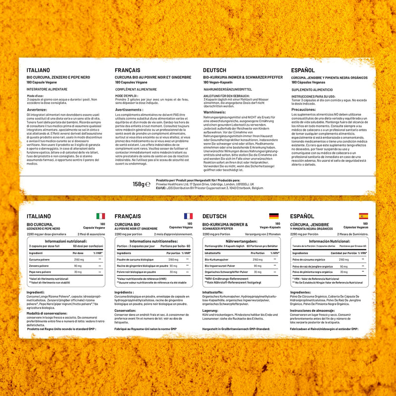 [Australia] - Organic Turmeric 2280mg (High Strength) with Black Pepper & Ginger - 180 Vegan Turmeric Capsules with Active Ingredient Curcumin I Soil Association Approved I UK Made by Prowise Healthcare 