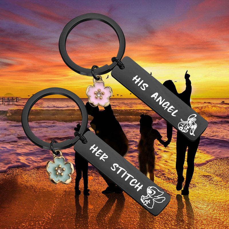 [Australia] - CYTING Her Stitch His Angel Keychain Set With Hibiscus Flower Charm Hawaiian Jewelry Gift For Couples Family Best Friends Her Stitch His Angel-black 