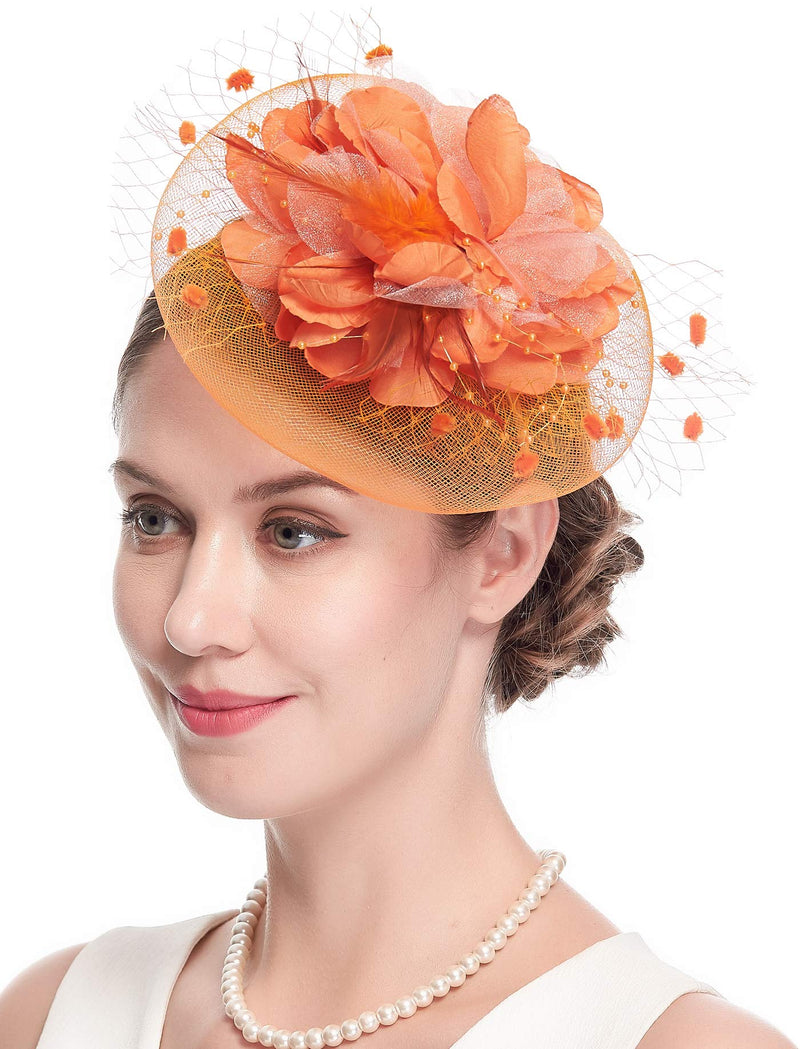 [Australia] - Fascinators Hats for Womens 50s Headwear with Veil Flower Cocktail Wedding Tea Party Church Derby Hat 1-4-orange 