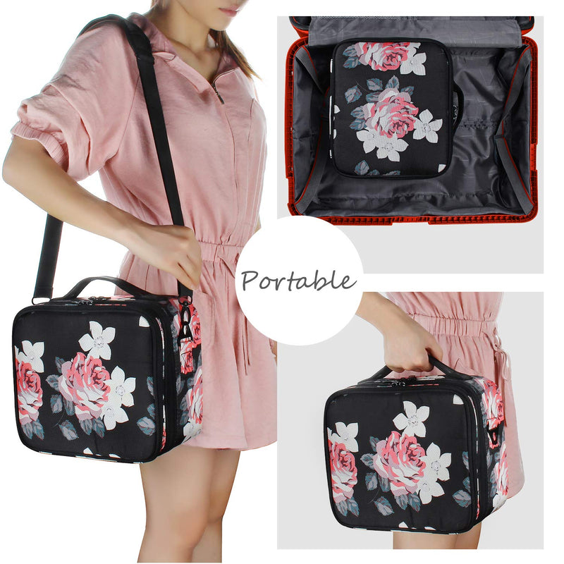 [Australia] - Relavel Travel Makeup Bag 2 Layer Heighten Makeup Train Case Cosmetic Storage and Organizer Box Portable Makeup Carrying Case with Shoulder Strap and Adjustable Dividers (Peony Pattern) Small 1 Peony Pattern 