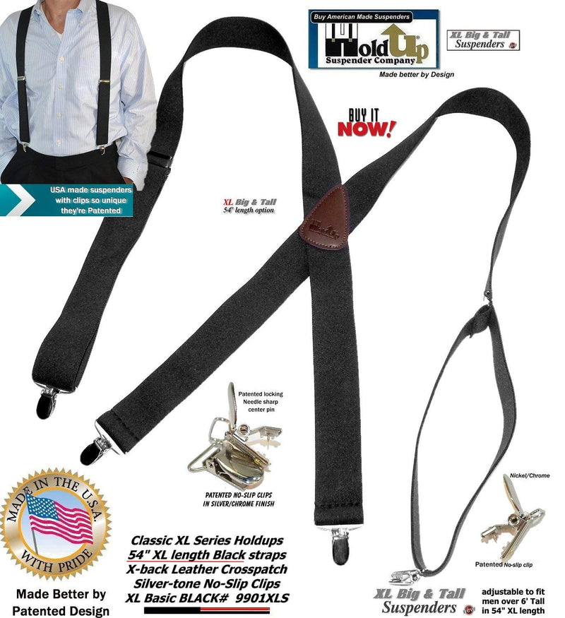 [Australia] - Holdup Classic Series Basic Black XL Big and Tall X-back Suspenders with Patented No-slip Silver Clips 