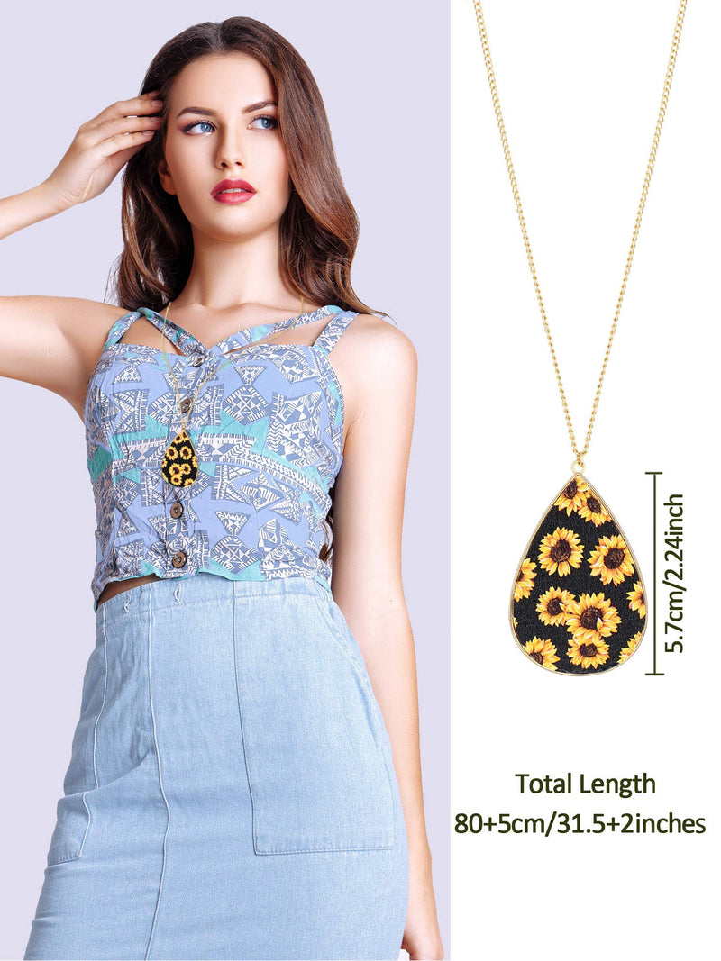 [Australia] - Hicarer 3 Pieces Sunflower Print Jewelry Set Sunflower Multi-Layer Bracelets Faux Leather Dangle Earrings Necklace for Women Black Background 