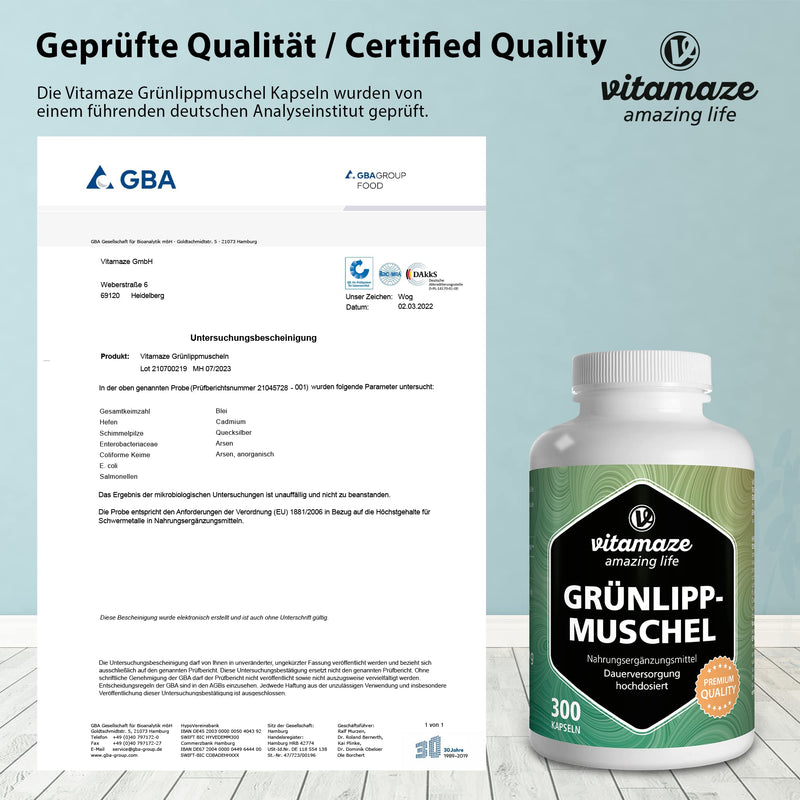 [Australia] - Green Lipped Mussel 1500 mg- Omega3 & Glycosaminoglycanes- 300 Capsules Pure New Zealand Green Lipped Mussel Powder - Supplement for Cartilage and Joints - German Quality 