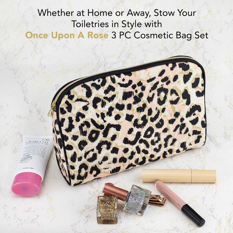 [Australia] - Once Upon A Rose 3 Pc Cosmetic Bag Set, Purse Size Makeup Bag for Women, Toiletry Travel Bag, Makeup Organizer, Cosmetic Bag for Girls Zippered Pouch Set, Large, Medium, Small (Black & Leopard) 