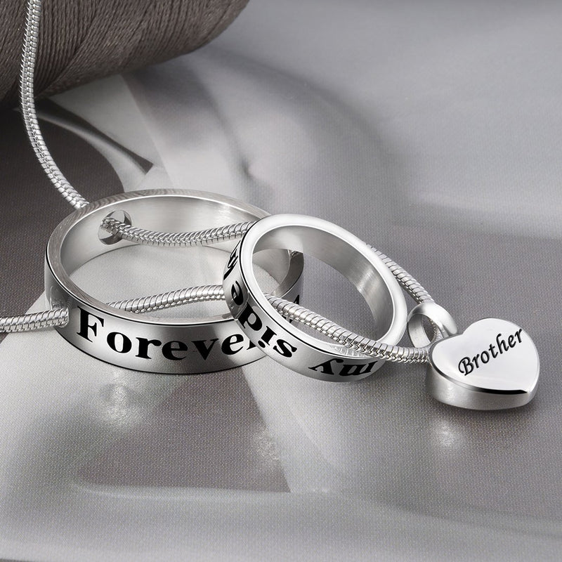 [Australia] - Double Ring Cremation Urn Ashes Necklace No Longer by My Side,Forever in My Heart Carved Locket Waterproof Memorial Pendant Brother 