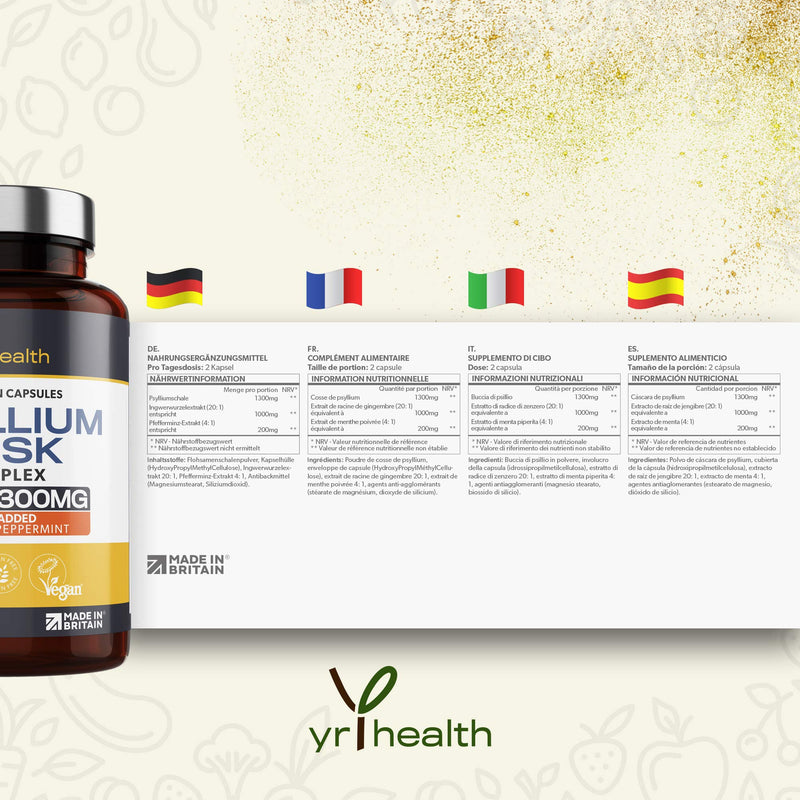 [Australia] - Psyllium Husks Capsules - 1300mg Fibre Supplement - 180 Vegan Capsules with Added Peppermint & Ginger - 2 Capsules not Tablets Per Serving - Plantago Ovata Plant Seeds - Made in The UK by YrHealth 