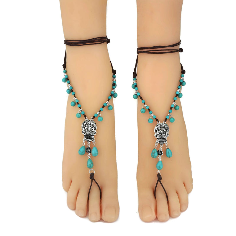 [Australia] - Jucicle Antique Silver Sugar Skull Turquoise Bead Barefoot Sandals Anklet (Sold As Pair) 