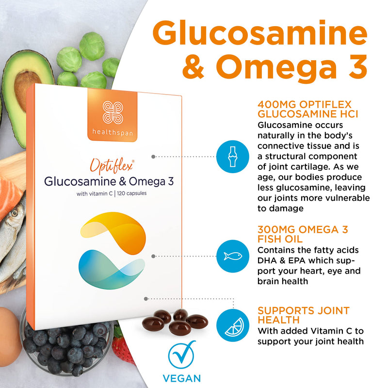 [Australia] - Healthspan Glucosamine & Omega 3 | 120 Capsules | Joint Health | Added Vitamin C | 400mg Optiflex Glucosamine HCI | 300mg Omega 3 Fish Oil | Highly Purified & Sustainably Sourced 