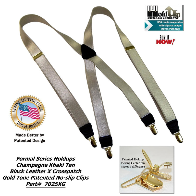 [Australia] - Holdup Suspender Brand Champagne GoldenTan narrow 1" Formal Series Suspenders with X-back crosspatch and patented Gold-tone no-slip Clips 