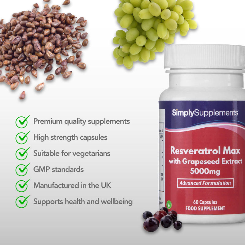 [Australia] - Resveratrol Capsules with Grapeseed Extract 5000mg | Vegan & Vegetarian Friendly | 60 Capsules = 1 Month Supply | Manufactured in The UK 