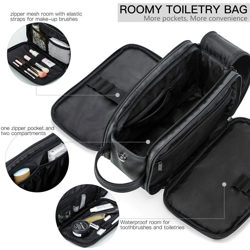 [Australia] - Water-Resistant Leather Toiletry Bag for Men Large Travel Wash Bag Shaving Dopp Kit Bathroom Gym Toiletries Makeup Organizer with Free Wet Dry Bag (Black-Medium) Black M 