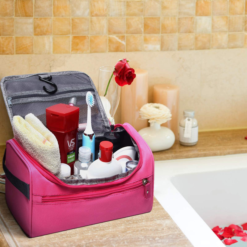 [Australia] - SELLYFELLY Hanging Toiletry Bag for Travel Women Storage Shower Bag Men's Shaving Bag Dopp Kit Organizer With Hook Rose red Nylon Fabric 